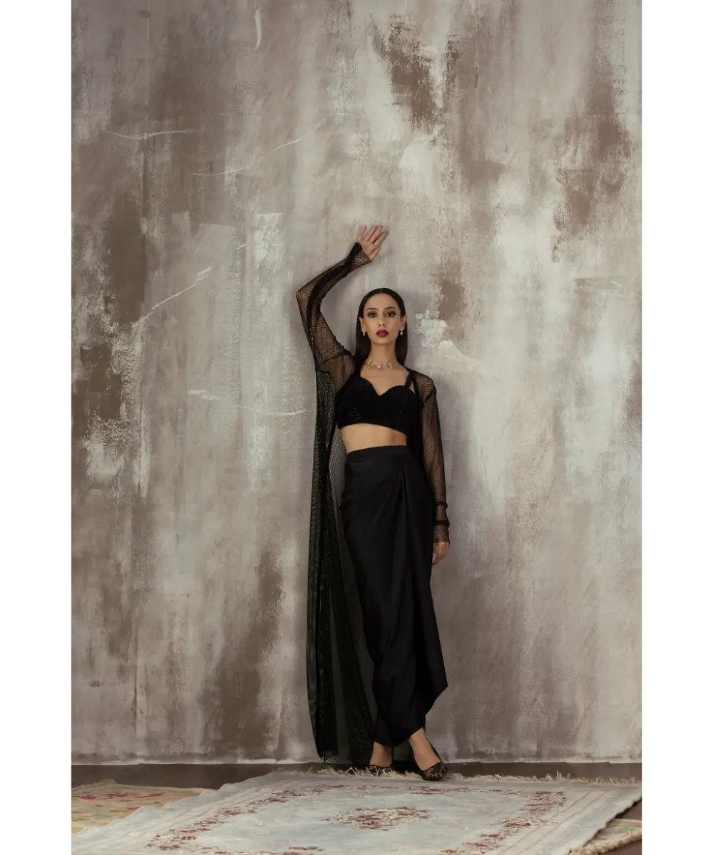 JIGAR MALI - Black Drape Dhoti Skirt & Jacket Set
